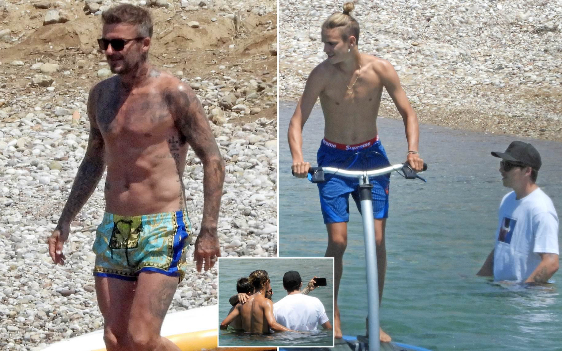 David Beckham nổi bần bật với body căng đét khi ra biển cùng dàn quý tử nhưng gây chú ý nhất lại là chiếc quần bơi sặc sỡ có giá 11 triệu đồng